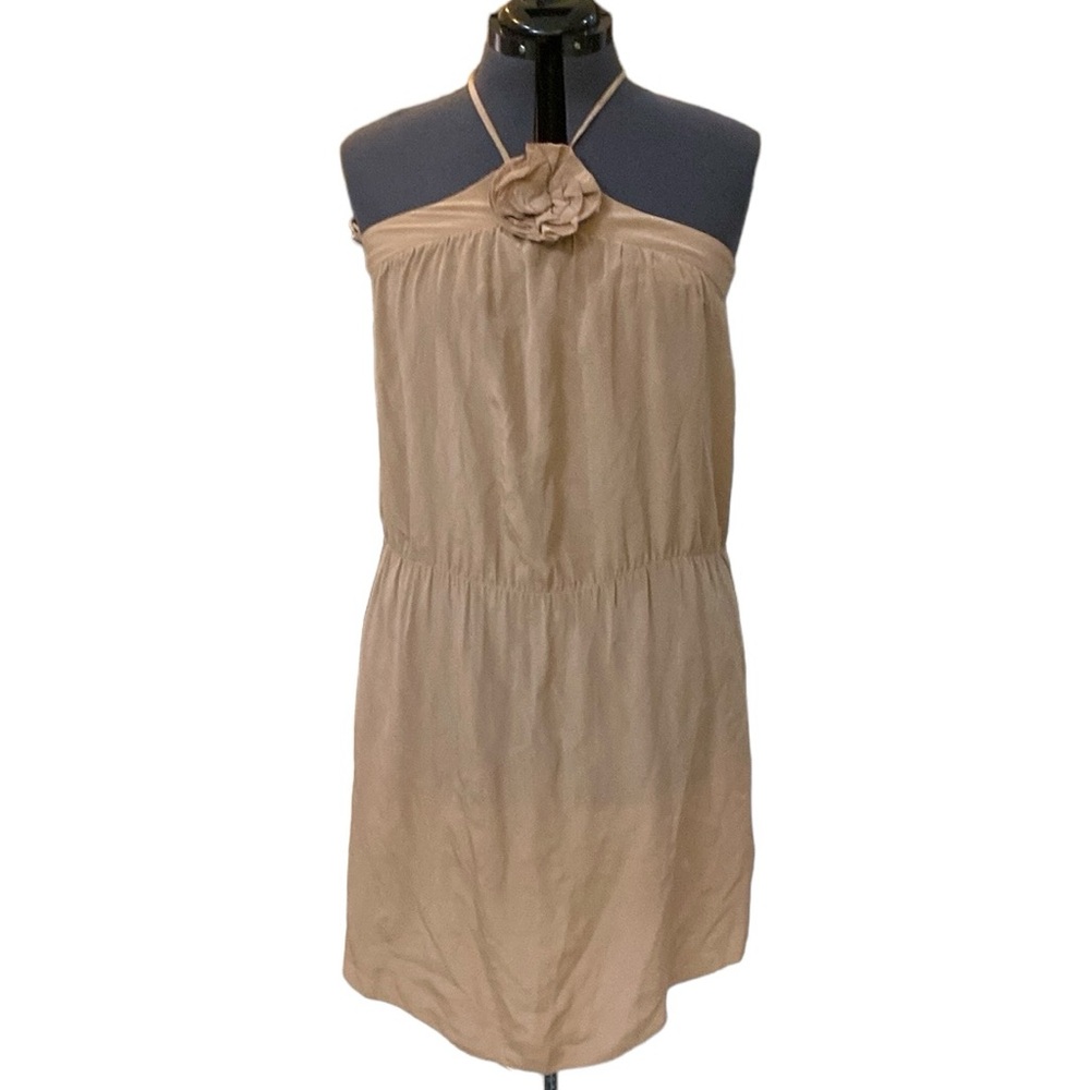 Olive Olivia Halter Dress Color Tan Strapless with Flower at Front Details